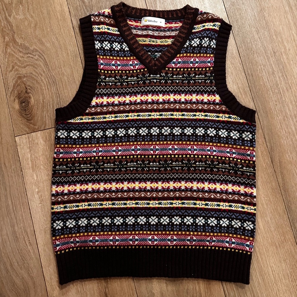 Golden Bear Mens Fair Isle Knit Sweater Vest Brown Multicolor V-Neck Size M